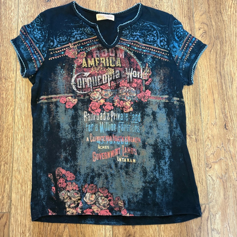 Y2K Skinny Minnie Graphic Tee Womens L Black Rhinestones Americana Rose USA Made